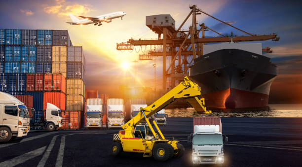 istock Logistics and transportation of Container Cargo ship and Cargo plane with working crane bridge in shipyard, logistic import export and transport industry background 1135428145