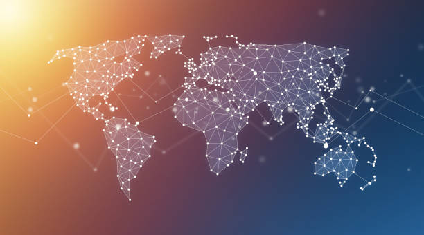 réseau géométrique monde carte polygone fond graphique - global finance globe global communications map photos et images de collection