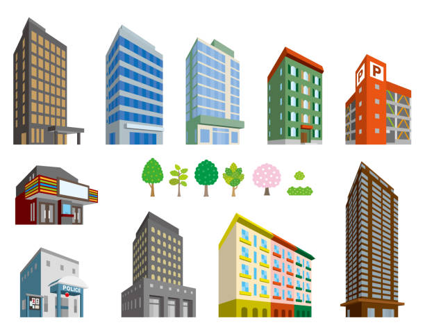 Illustrations of various buildings Vector illustration of the building police station stock illustrations