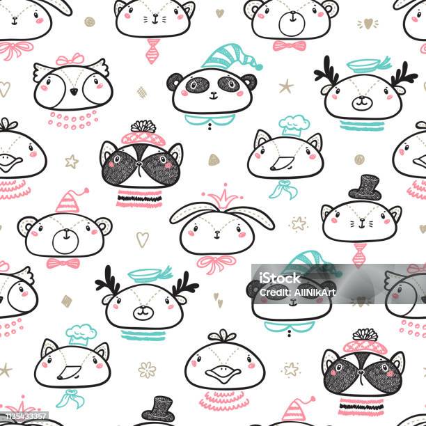 Cute Animal Faces Seamless Pattern Doodle Cartoon Animals And Birds Vector Background For Kids Stock Illustration - Download Image Now