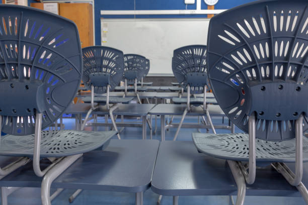 Chairs in the gym, end of the school year, graduation ceremony, empty chairs in a classroom