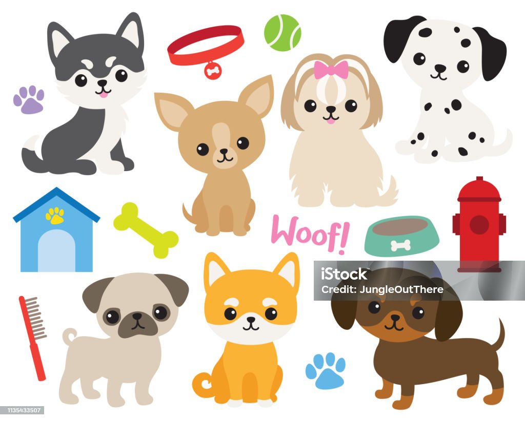 Cute puppy dog vector illustration. Cute puppy dog vector illustration set including Siberian Husky, Chihuahua, Yorkshire Terrier, Pug, Shiba, Dachshund, Dalmatian, Maltese. Puppy stock vector