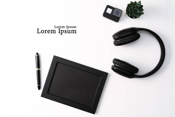 Mockup, Photo Frame, Action camera, Headphones, Pen, and Cactus, Black object on white background