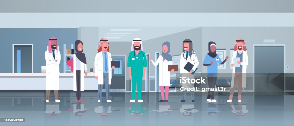 group of arabic doctors team treatment communication concept arab medical hospital mix race workers standing together modern clinic hall interior full length horizontal group of arabic doctors team treatment communication concept arab medical hospital mix race workers standing together modern clinic hall interior full length horizontal vector illustration Adult stock vector