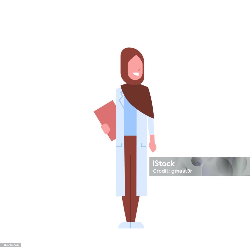 arab female doctor holding clipboard arabic woman in hijab and uniform hospital medicine worker cartoon character full length white background flat arab female doctor holding clipboard arabic woman in hijab and uniform hospital medicine worker cartoon character full length white background flat vector illustration Doctor stock vector