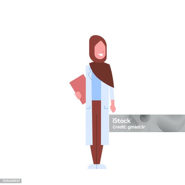 Arab Female Doctor Holding Clipboard Arabic Woman In Hijab And Uniform Hospital Medicine Worker Cartoon Character Full Length White Background Flat Stock Illustration - Download Image Now