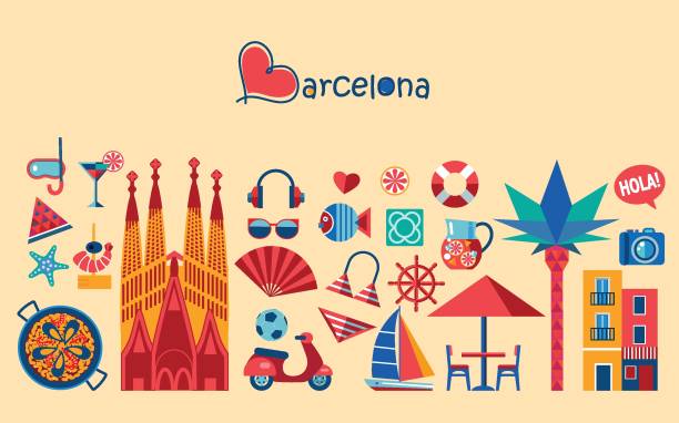 바르셀로나 평면 스타일 벡터 아이콘 및 기호 집합 - barcelona stock illustrations