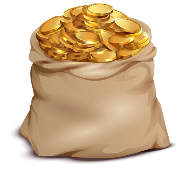 золотые монеты на открытом полный мешок изолированы на белом - money bag currency financial item bag stock illustrations