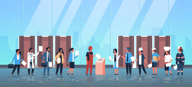election day concept different occupations voters casting ballots at polling place mix race people putting paper ballot in box voting booths hall interior full length flat horizontal election day concept different occupations voters casting ballots at polling place mix race people putting paper ballot in box voting booths hall interior full length flat horizontal vector illustration voting queues stock illustrations