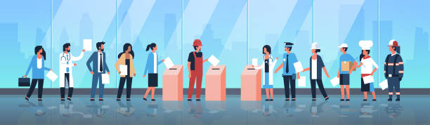 election day concept different occupations voters casting ballots at polling place mix race people putting paper ballot in box during voting full length flat horizontal election day concept different occupations voters casting ballots at polling place mix race people putting paper ballot in box during voting full length flat horizontal vector illustration voting queues stock illustrations