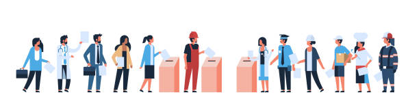 election day concept different occupations voters casting ballots at polling place during voting mix race people putting paper ballot in box full length flat horizontal banner election day concept different occupations voters casting ballots at polling place during voting mix race people putting paper ballot in box full length flat horizontal banner vector illustration voting queues stock illustrations
