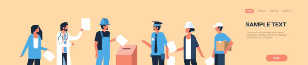 election day concept different occupations voters casting ballots at polling place during voting mix race people putting paper ballot in box portrait flat horizontal copy space election day concept different occupations voters casting ballots at polling place during voting mix race people putting paper ballot in box portrait flat horizontal copy space vector illustration voting queues stock illustrations