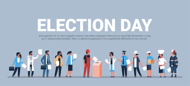 Vector illustration of election day concept different occupations voters casting ballots at polling place during voting mix race people putting paper ballot in box full length flat horizontal copy space