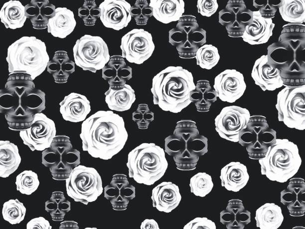vintage skull and rose abstract pattern in black and white