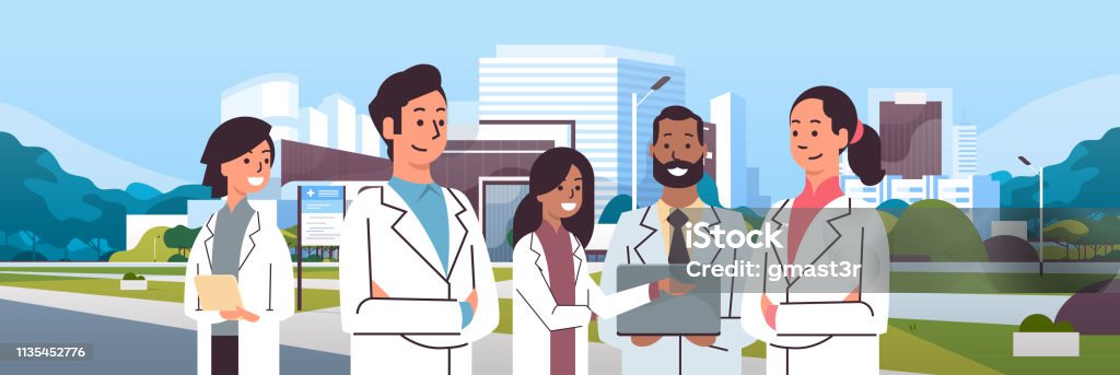 group of mix race doctors team in uniform standing together over hospital building modern medical clinic exterior cityscape background portrait flat horizontal group of mix race doctors team in uniform standing together over hospital building modern medical clinic exterior cityscape background portrait flat horizontal vector illustration African-American Ethnicity stock vector