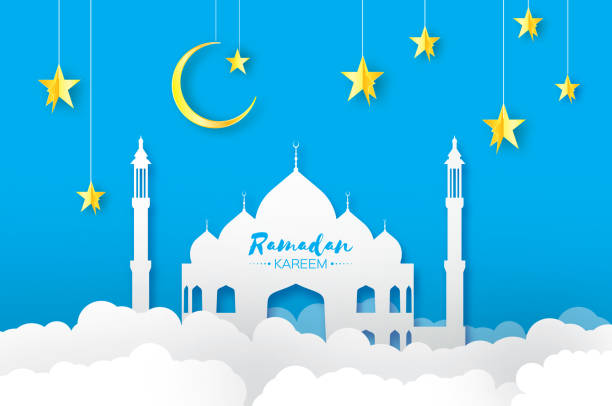 istock Blue Ramadan Kareem Greeting card.. Arabic window Mosque, clouds, gold stars. Paper cut style. Arabesque pattern. Crescent Moon. Vector 1135453597