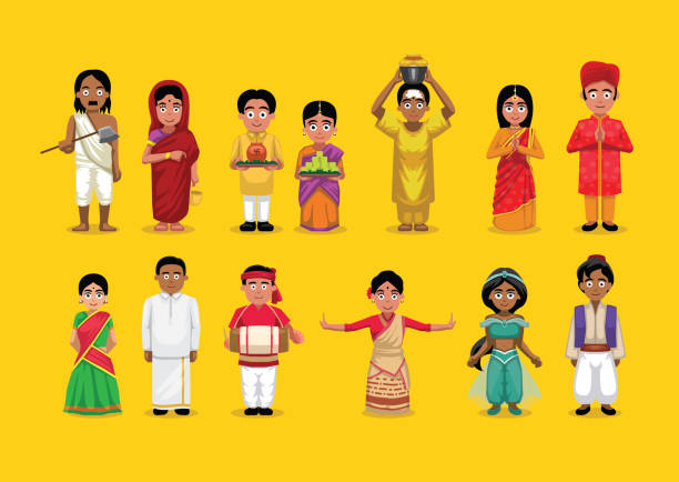 ilustrações de stock, clip art, desenhos animados e ícones de indian various people costume cute character illustration set - thaipusam kavadi