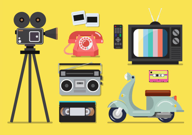 Retro objects flat style on a yellow background Retro objects flat style on a yellow background outdated technology stock illustrations