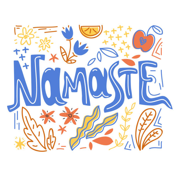 Yoga vector lettering. Namaste. Flowers and plants. Flat minimalist style. Yoga vector lettering. Namaste. Flowers and plants. Flat minimalist style. Simple style anjali mudra stock illustrations