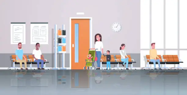 Vector illustration of mix race patients waiting in line queue to doctor cabinet consultation and diagnosis healthcare concept medical clinic corridor interior horizontal flat