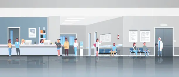 Vector illustration of mix race patients standing line queue at hospital reception desk waiting hall doctors consultation healthcare concept medical clinic interior full length horizontal banner flat