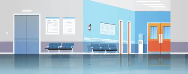 Vector illustration of hospital corridor waiting hall with information board chairs elevator and doors empty no people clinic interior flat horizontal banner