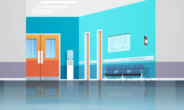 Vector illustration of hospital corridor waiting hall with information board chairs lift and doors empty no people clinic interior flat horizontal