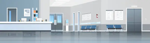 Vector illustration of hospital reception waiting hall with counter seats doors and elevator empty no people medical clinic interior horizontal banner panorama flat