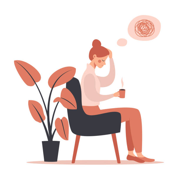 ilustrações de stock, clip art, desenhos animados e ícones de young woman with headache drinking hot coffee while sitting in chair. - ansiedade ilustrações