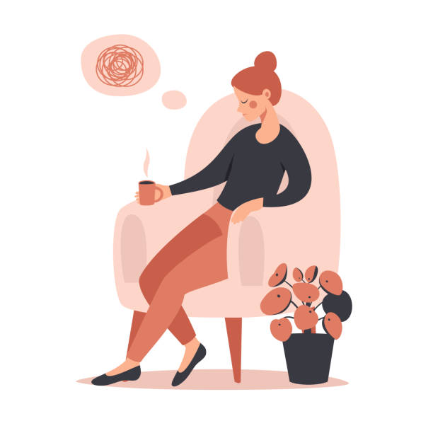 illustrazioni stock, clip art, cartoni animati e icone di tendenza di giovane donna depressa appoggiata su una sedia - coffee hand woman