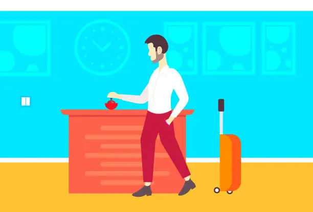 Vector illustration of businessman tourist with suitcase ringing in bell at reception counter man pressing call button to attract attention hotel service concept horizontal full length