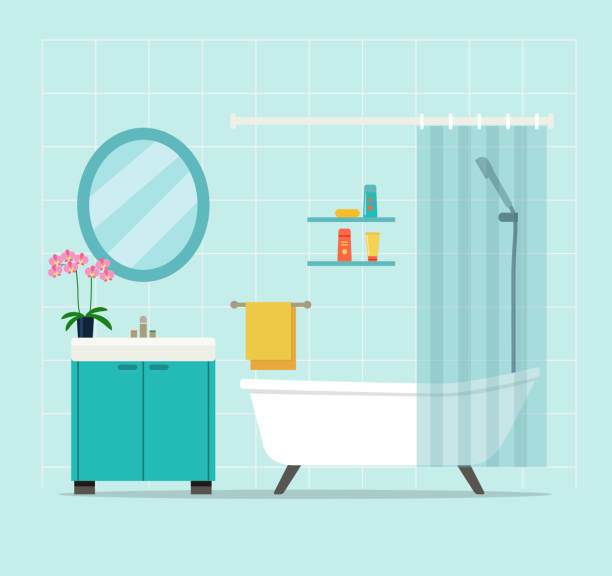 interior kamar mandi modern dengan anggrek. ilustrasi vektor datar - toilet perlengkapan rumah tangga yang terpasang ilustrasi ilustrasi stok