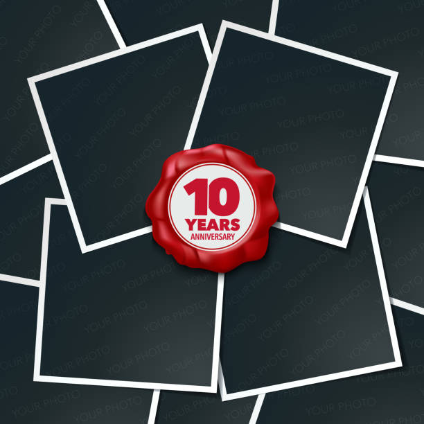 10 years anniversary vector icon 10 years anniversary vector icon. Design element, greeting card with collage of photo frames and red wax stamp for 10th anniversary number 10 photos stock illustrations