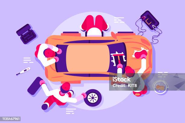 Workers In Car Service Checking Vehicle Stock Illustration - Download Image Now - Car, Icon Symbol, Repairing