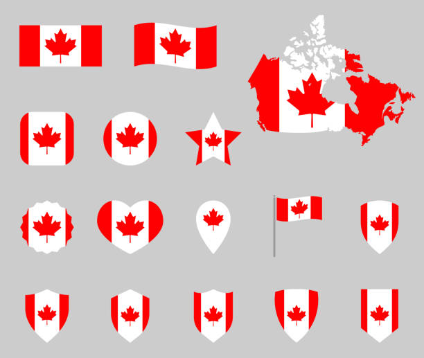 ilustraciones, imágenes clip art, dibujos animados e iconos de stock de conjunto de iconos de bandera de canadá, símbolos de bandera canadiense - canada canada day canadian flag canadian culture