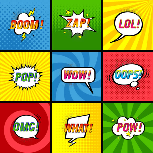 Set of Vector illustrations. Comic speech bubbles in pop-art style. Collection of different comic background. Set of Vector illustrations. Comic speech bubbles in pop-art style. Collection of different comic background. superhero patterns stock illustrations