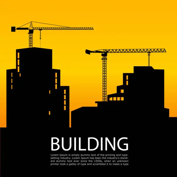 Vector illustration of black silhouettes of buildings and cranes on background at sunset.