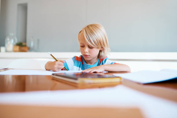 Shot of an adorable little boy doing his homework at home