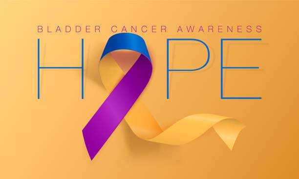Bladder Cancer Awareness Calligraphy Poster Design. Hope. Realistic Marigold And Blue And Purple Ribbon. May is Cancer Awareness Month. Vector Bladder Cancer Awareness Calligraphy Poster Design. Hope. Realistic Marigold And Blue And Purple Ribbon. May is Cancer Awareness Month. Vector Illustration bladder cancer stock illustrations