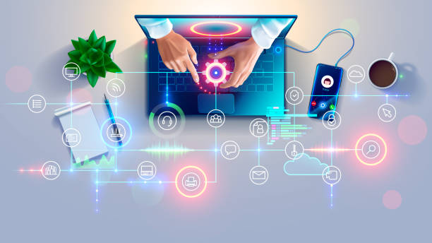 stockillustraties, clipart, cartoons en iconen met remote support online. op afstand toegang tot en de controle desktop van computers of laptop via web internetverbinding. systeembeheerder helpt klanten, werknemers vast te stellen problemen, setup software, apparatuur. - administratie