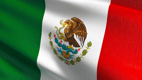 Bandera Nacional de México soplando en el viento aislado. Diseño abstracto patriótico oficial. Ilustración de representación 3D del símbolo de signo ondulado. photo