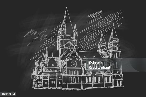 Vector Sketch Of Church Heiliger Franz Of Assisi Vienna Austria Stock Illustration - Download Image Now