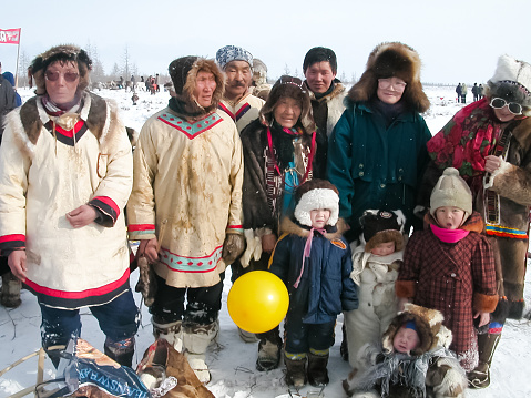 Bilibino, Chukotka, Russia - January 21, 2015: National Chukchi festivities of the indigenous peoples of Chukotka in Bilibino, Chukchi. Events and trade, National clothing. Winter fair