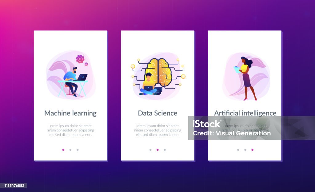 Artificial intelligence app interface template. Big brain with circuit and programmers. Artificial intelligence, machine learning and data science, cognitive computing concept on white background. Mobile UI UX GUI template, app interface wireframe Animal Brain stock illustration