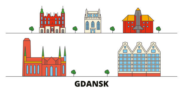 Poland, Gdansk flat landmarks vector illustration. Poland, Gdansk line city with famous travel sights, skyline, design. Poland, Gdansk flat landmarks vector illustration. Poland, Gdansk line city with famous travel sights, design skyline. gdansk city stock illustrations