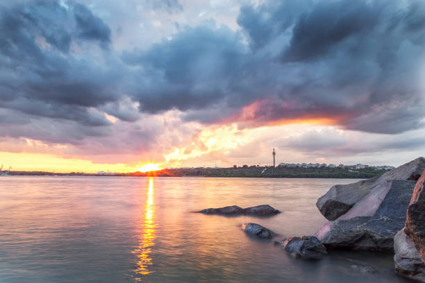 A picturesque sunset over the sea station in Varna.