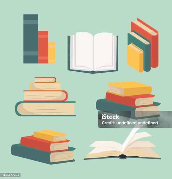 Book Of Stacks In Flat Design Collection Stock Illustration - Download Image Now - Book, Open, Illustration