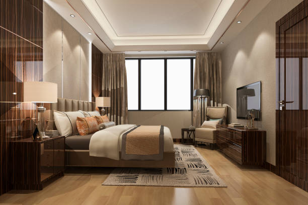 istock 3d rendering beautiful luxury bedroom suite in hotel with tv 1135477764