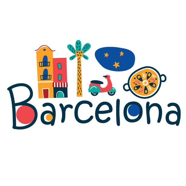 ilustraciones, imágenes clip art, dibujos animados e iconos de stock de impresión de logotipo vectorial en barcelona - barcelona