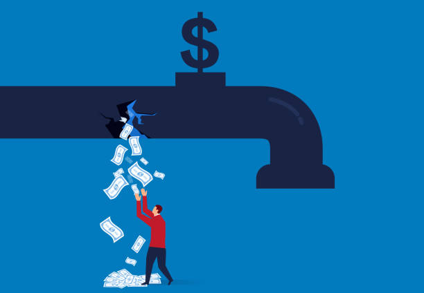 stockillustraties, clipart, cartoons en iconen met de kraan brak het geld en uitgelekt - lekken